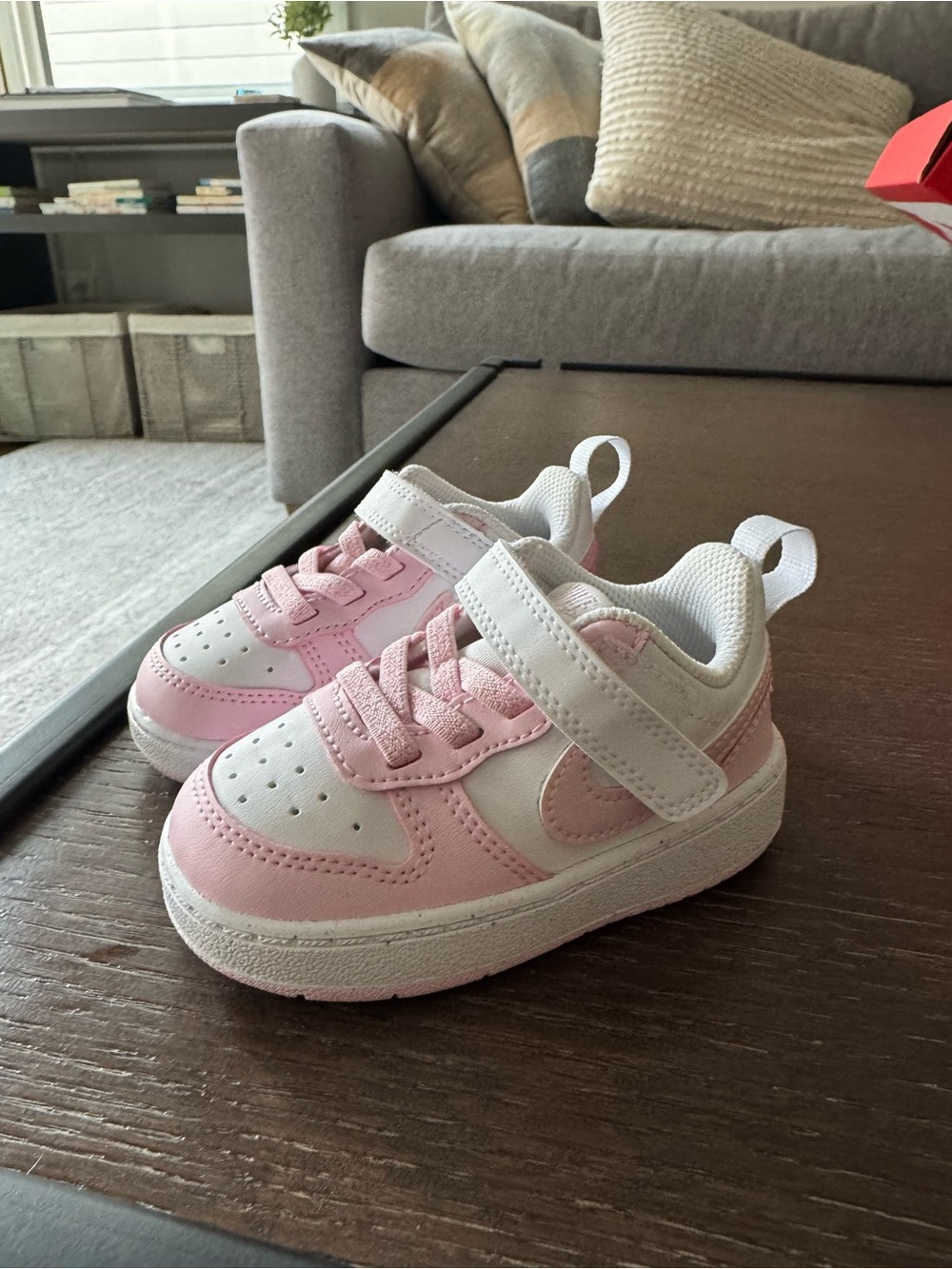 Brand New Nike Kids Pink and White Velcro Low-Top Sneakers